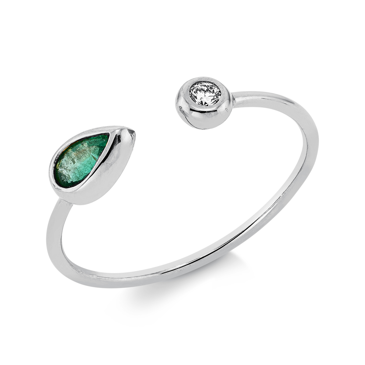 diamond full cut emerald colored stone classic ring in white gold