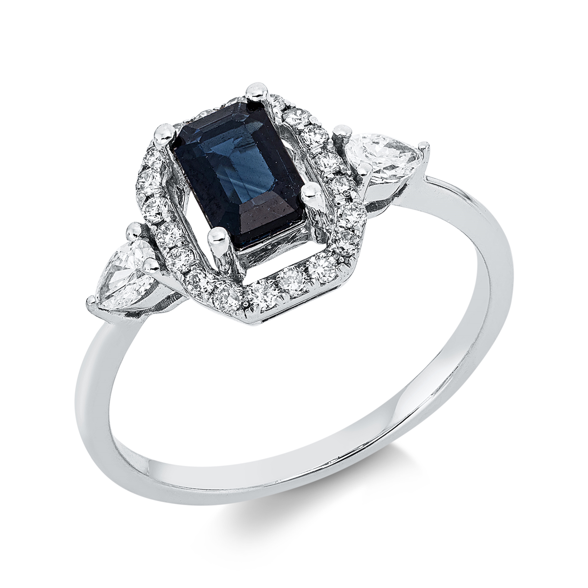 diamond full cut sapphire colored stone classic ring in white gold