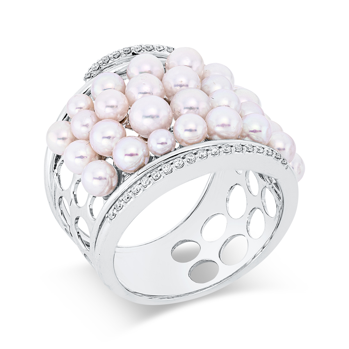 diamond full cut  pearl ring in white gold