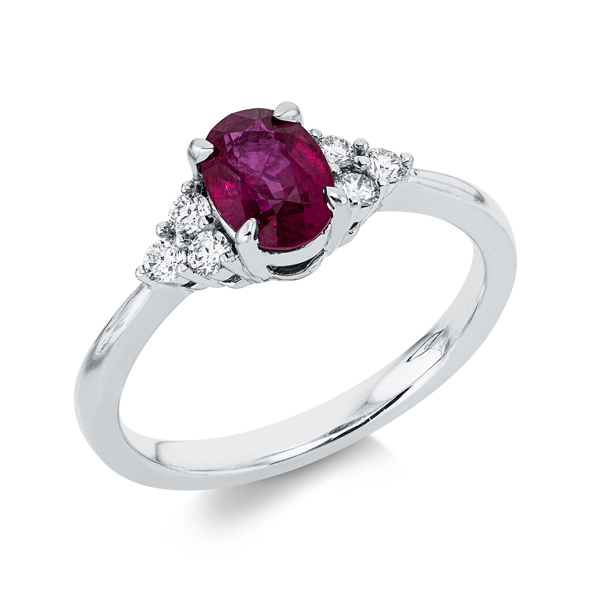 diamond full cut ruby colored stone classic ring in white gold