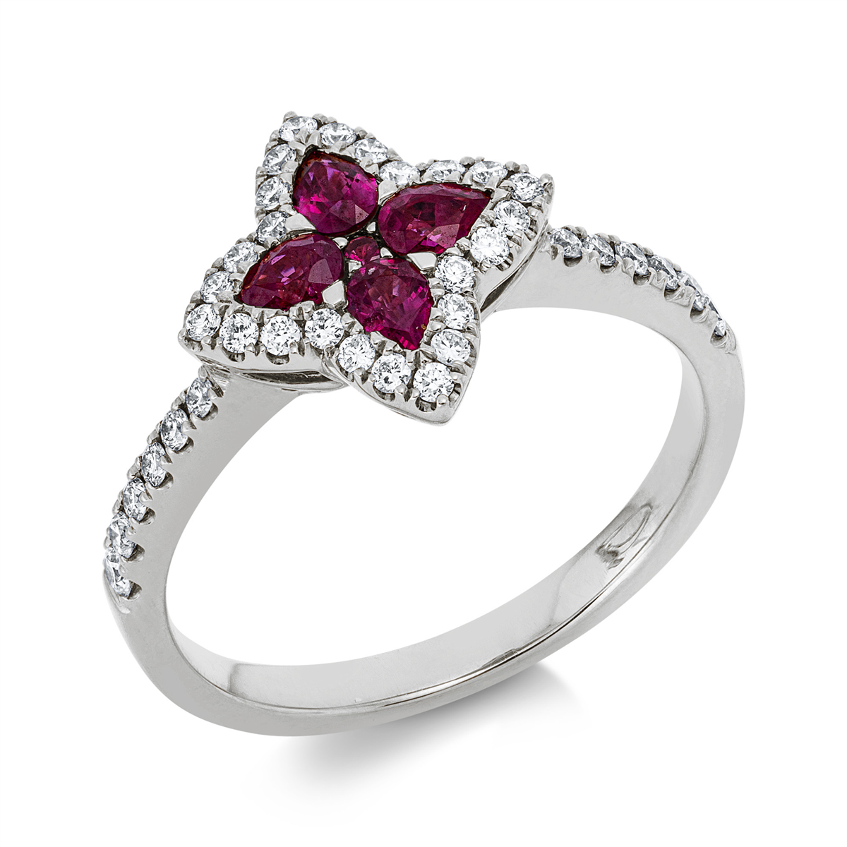 diamond full cut ruby colored stone classic ring in white gold