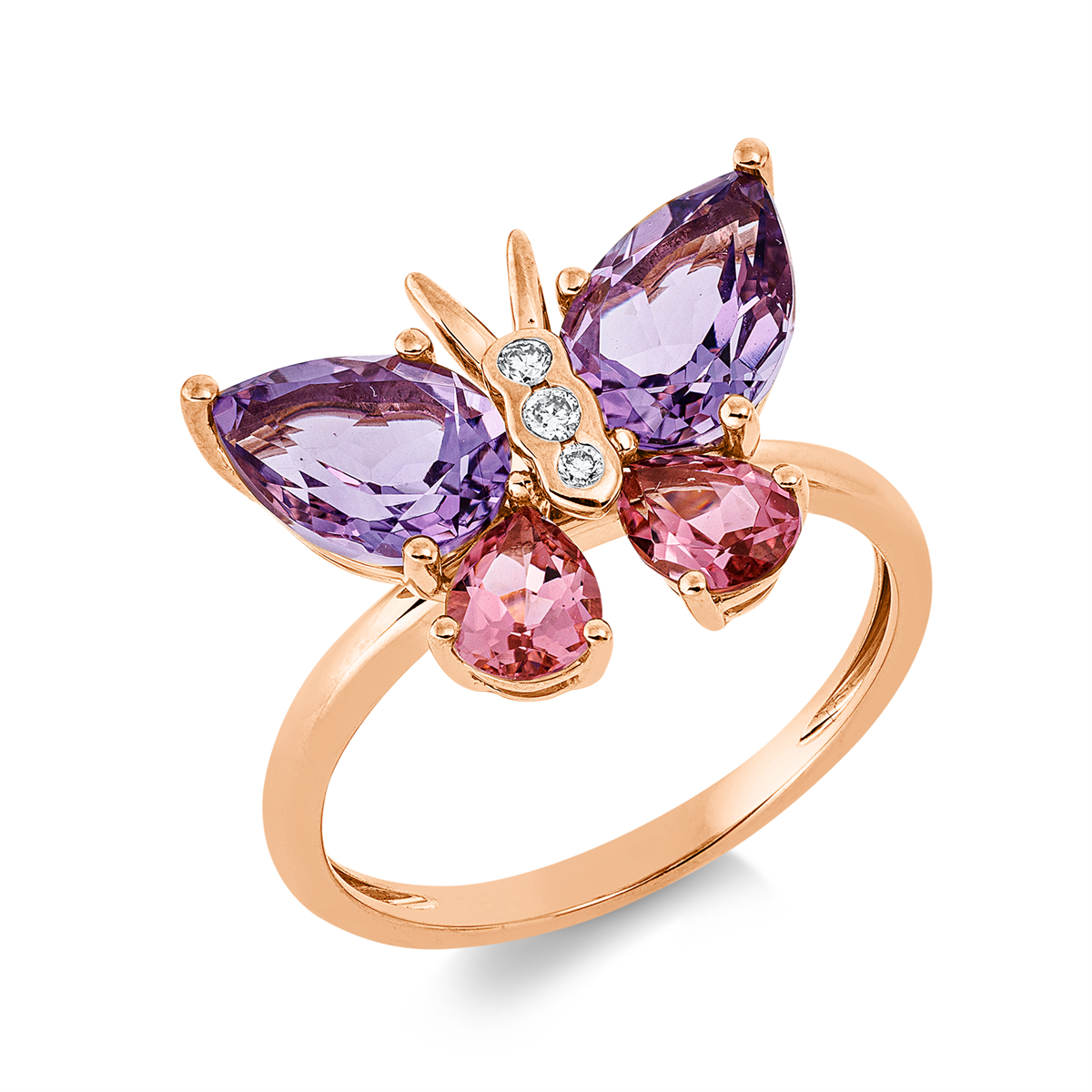 diamond full cut tourmaline colored stone fashion ring in red gold