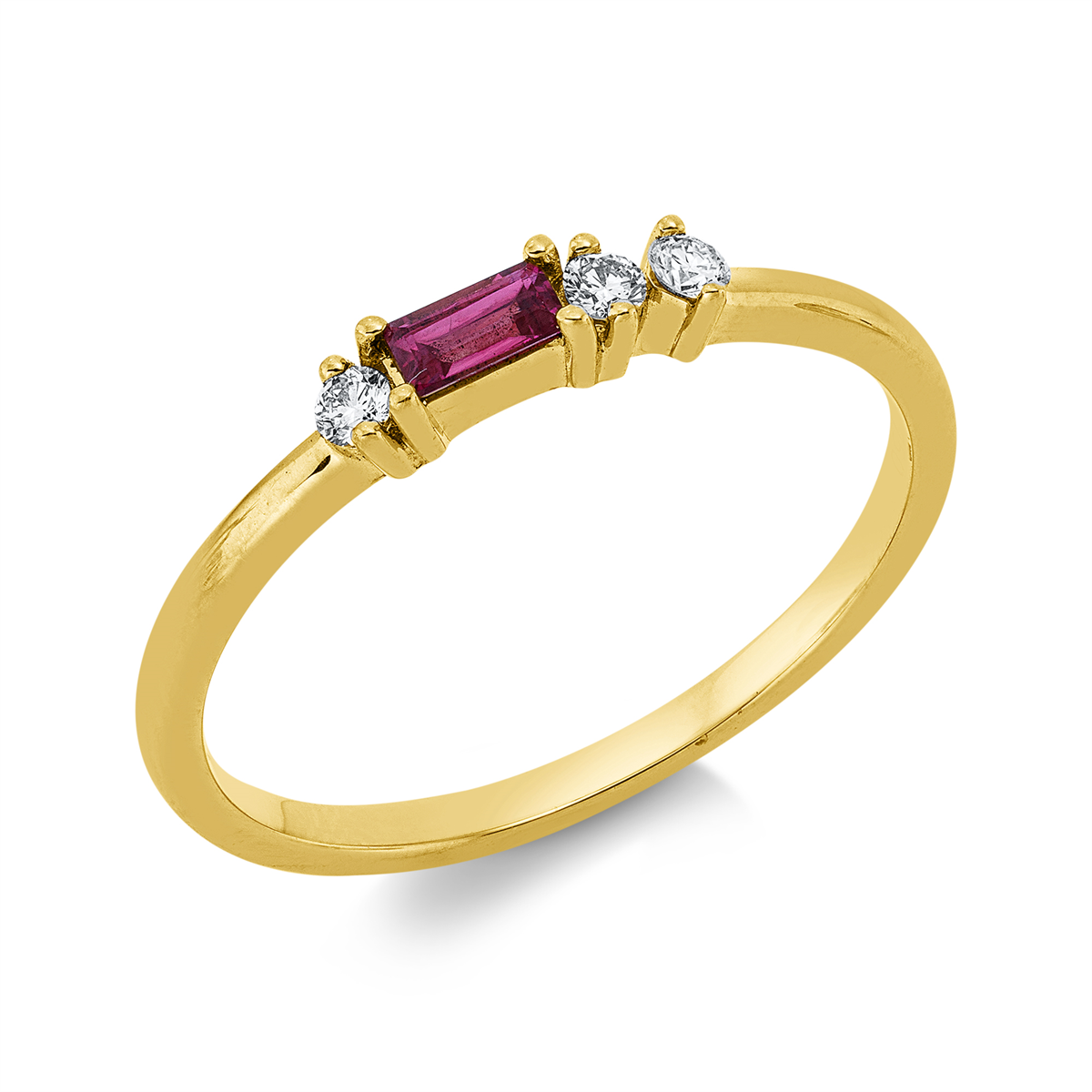 diamond full cut ruby colored stone classic ring in yellow gold