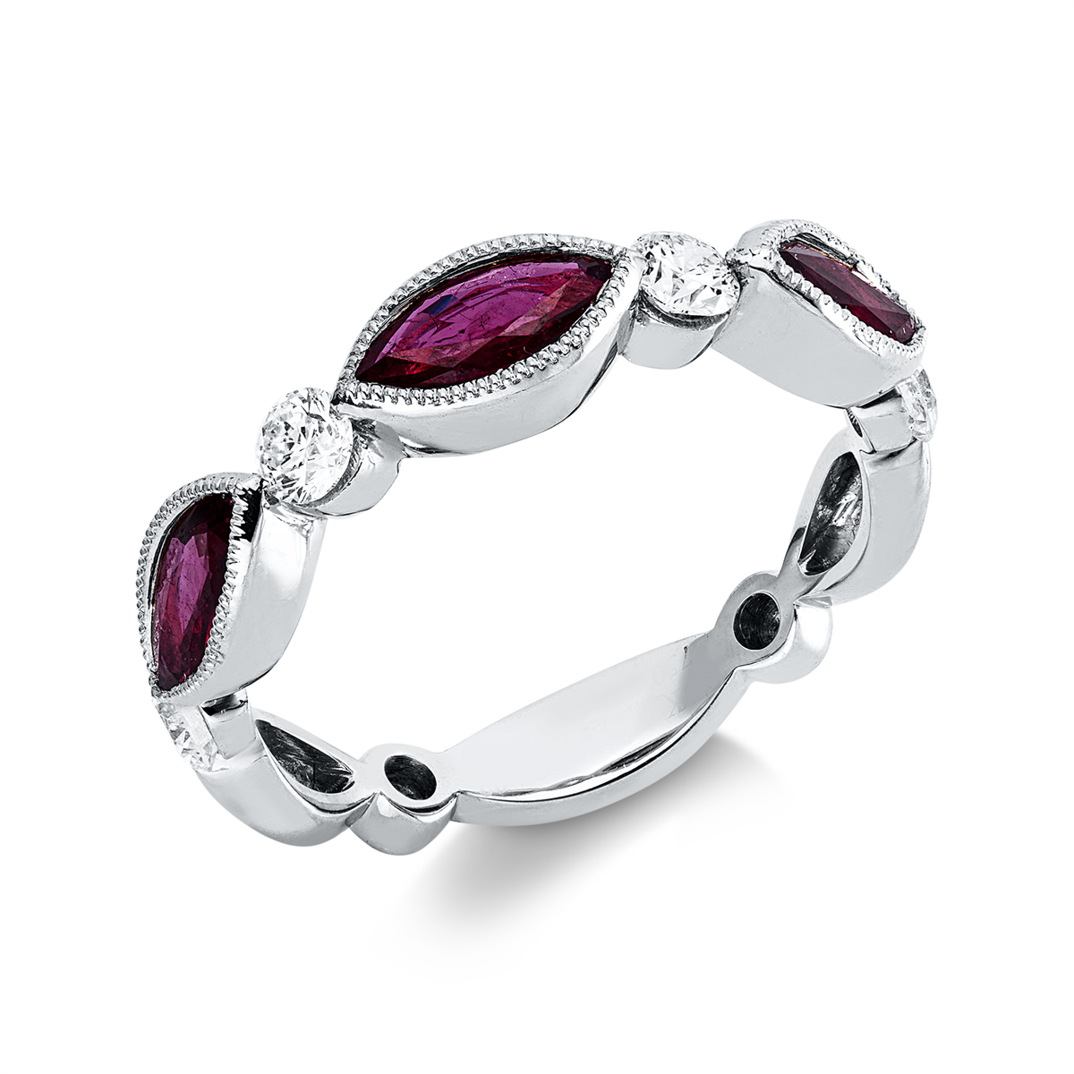 diamond full cut ruby colored stone classic ring in white gold
