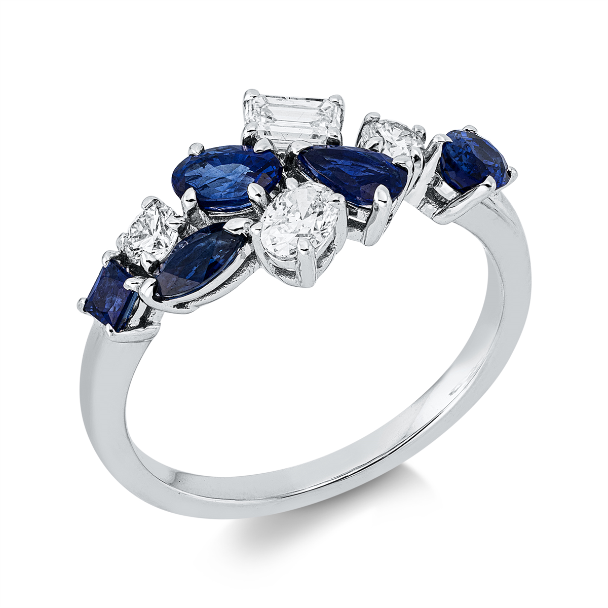 diamond full cut sapphire colored stone classic ring in white gold