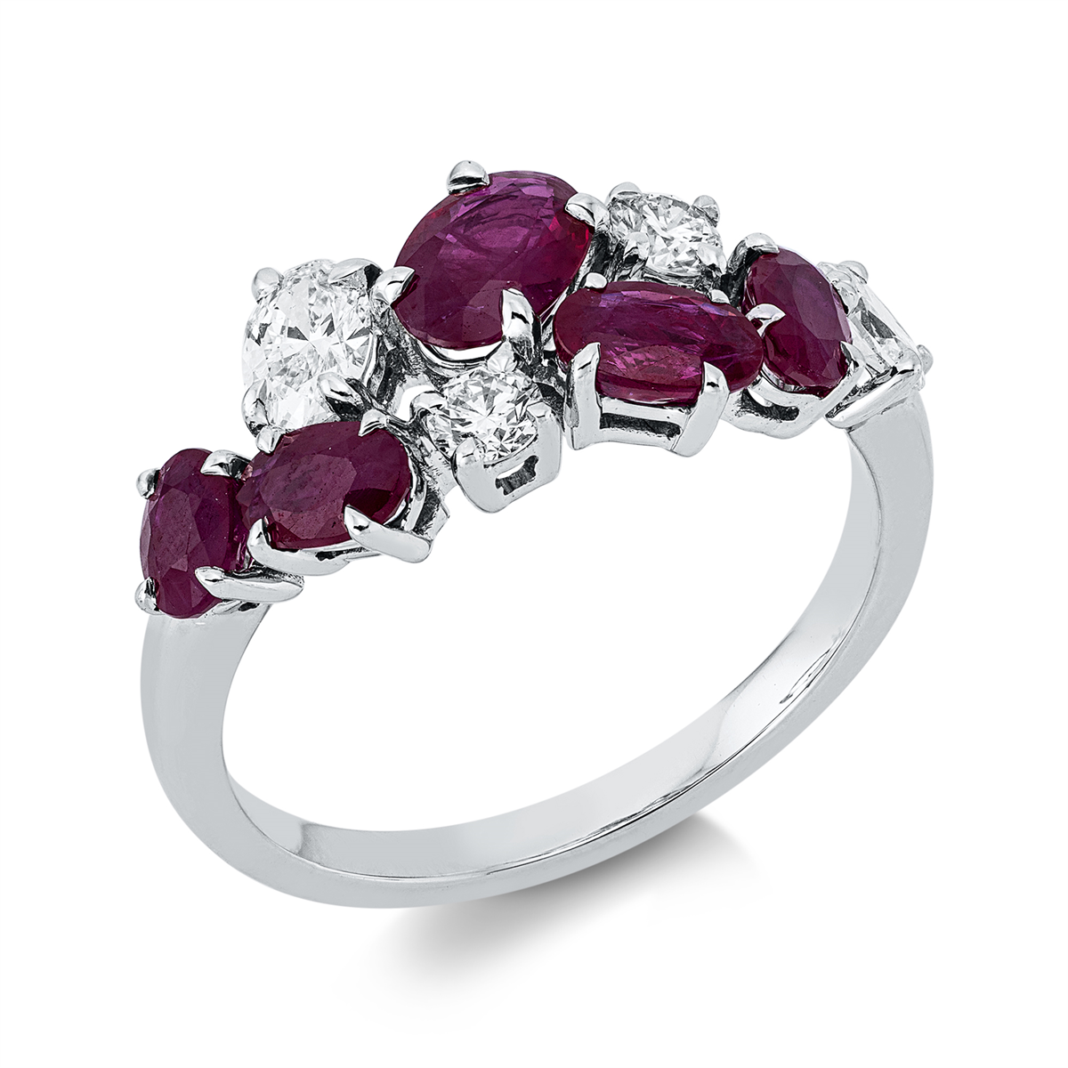 diamond full cut ruby colored stone classic ring in white gold