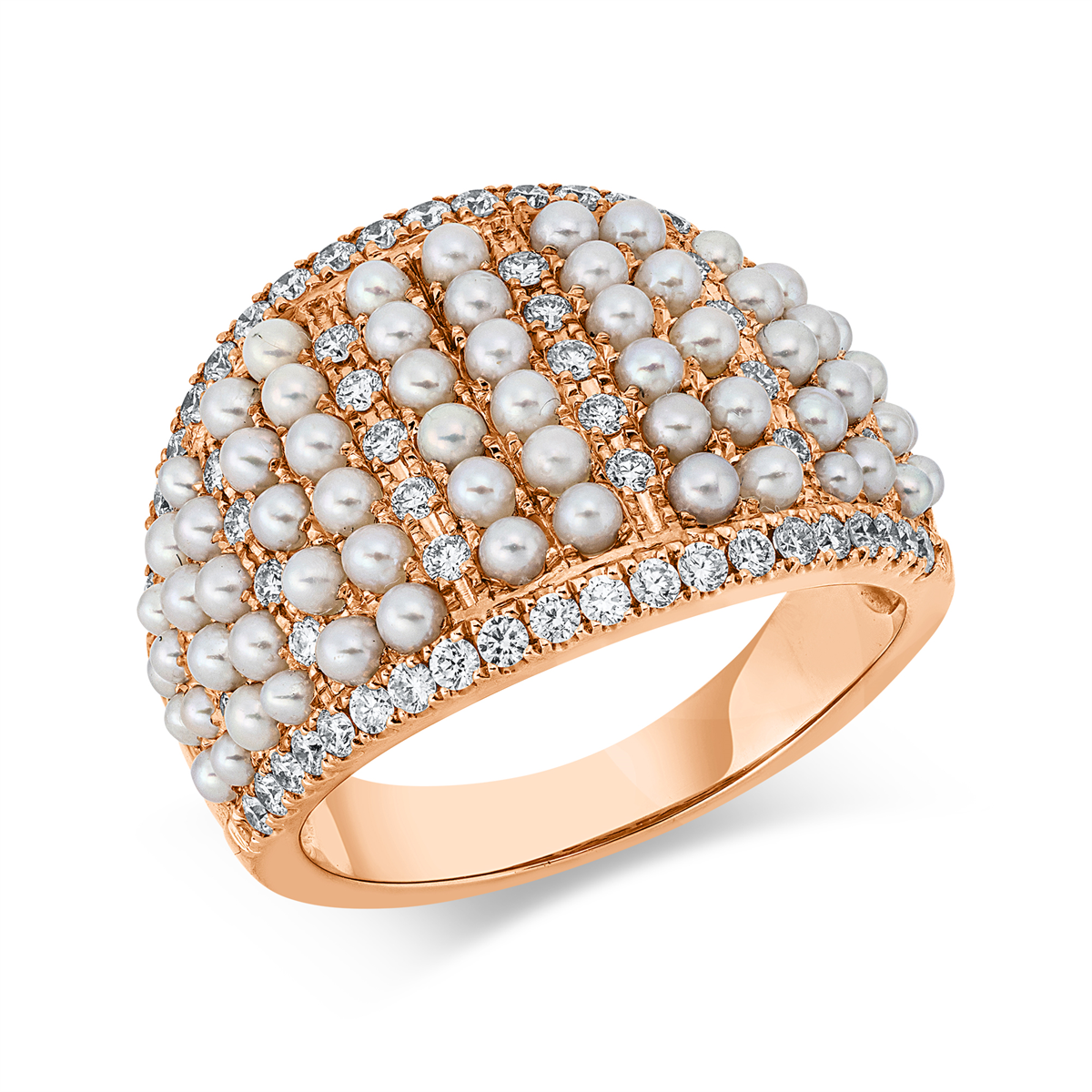 diamond full cut  pearl ring in red gold