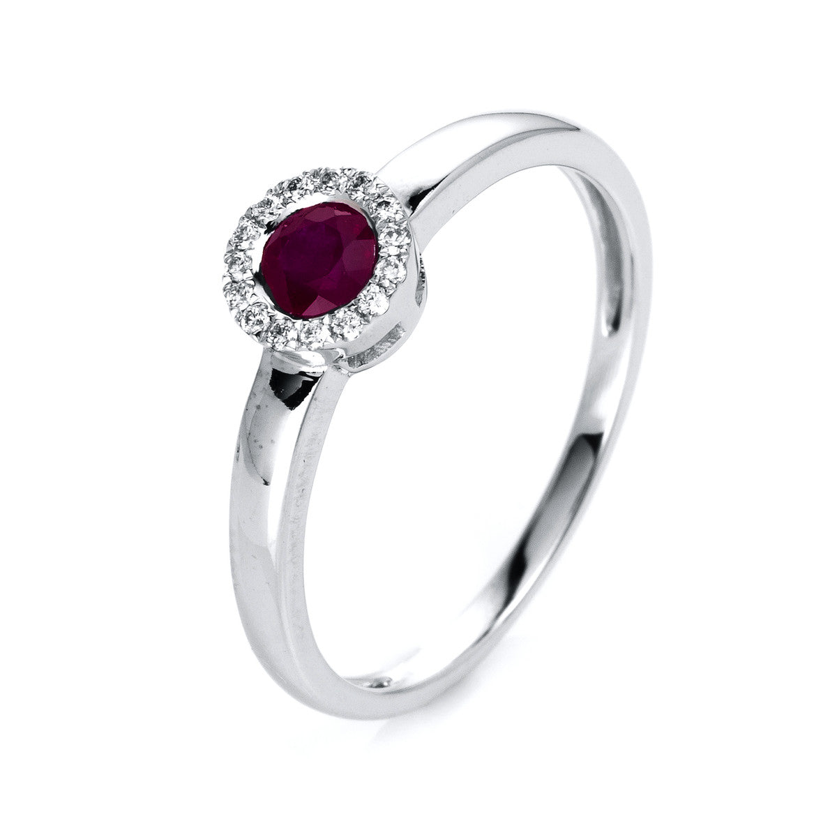 diamond full cut ruby colored stone classic ring in white gold