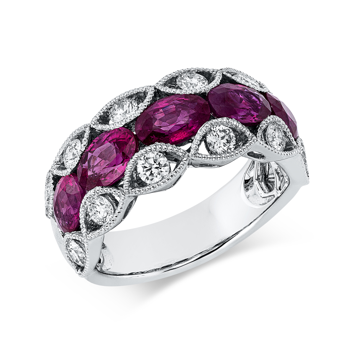 diamond full cut ruby colored stone classic ring in white gold