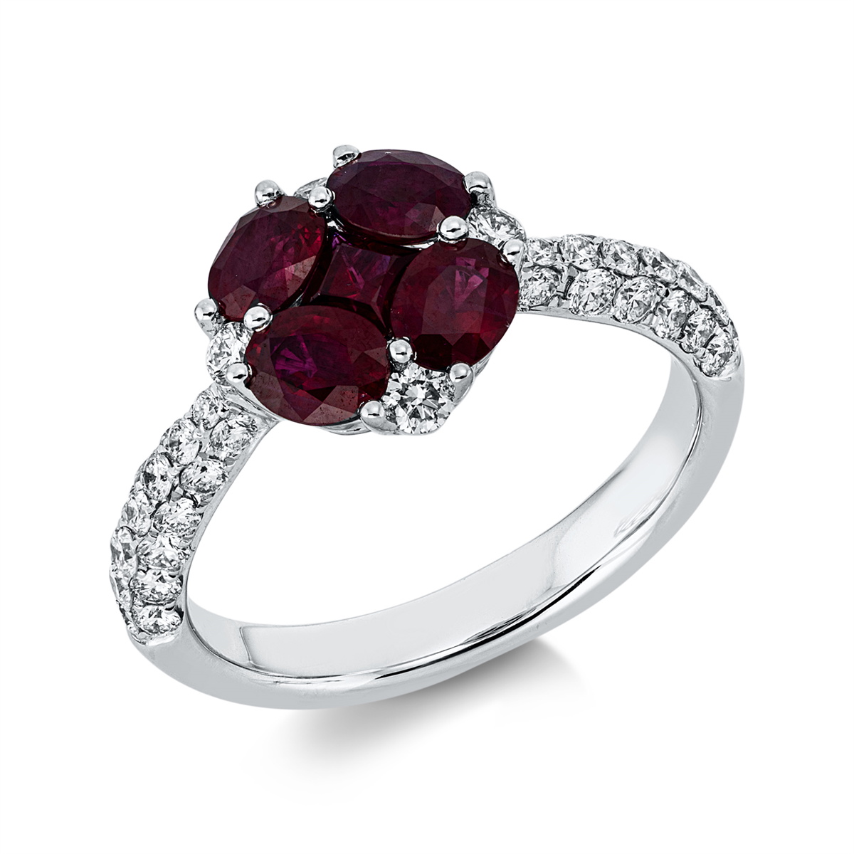 diamond full cut ruby colored stone classic ring in white gold