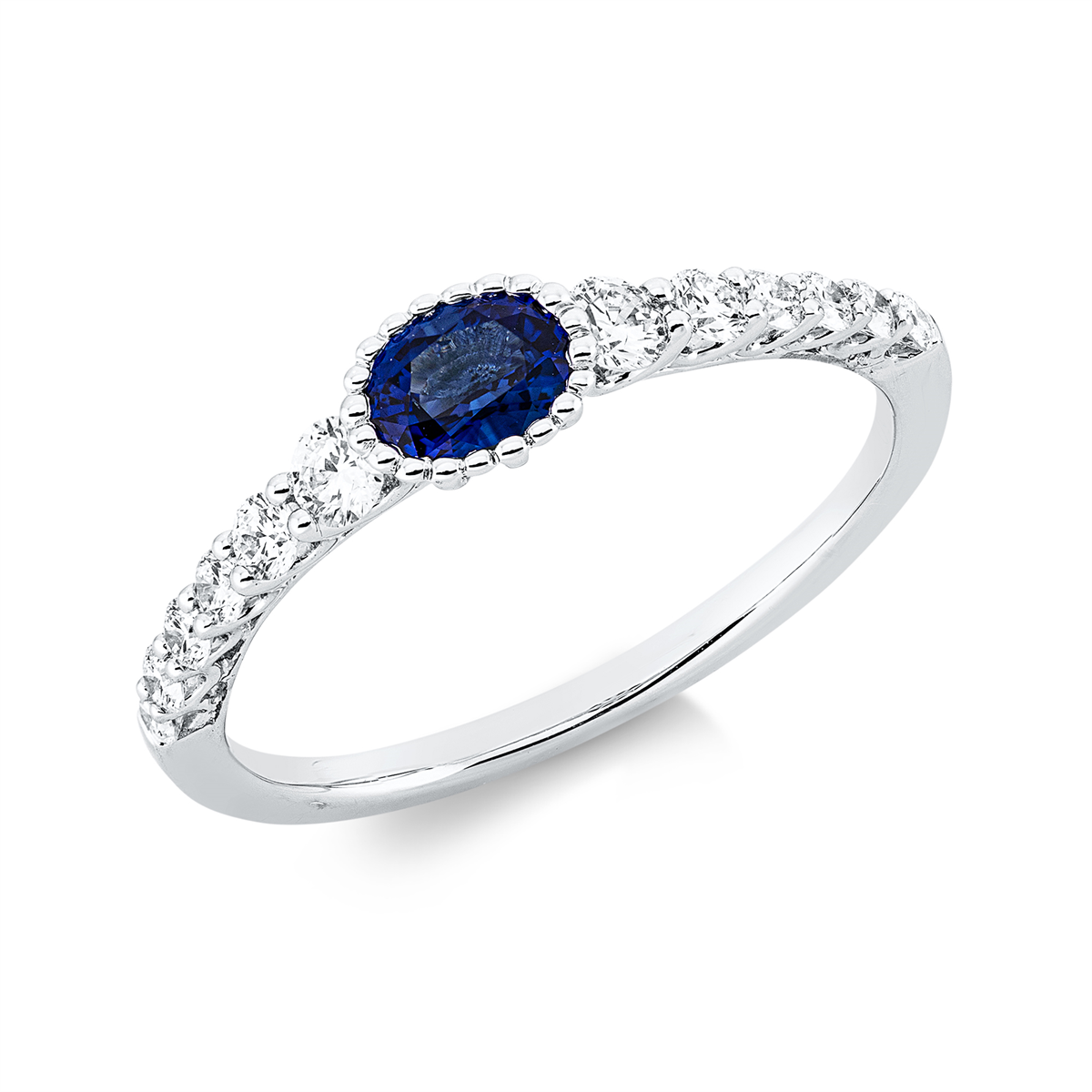 diamond full cut sapphire colored stone classic ring in white gold