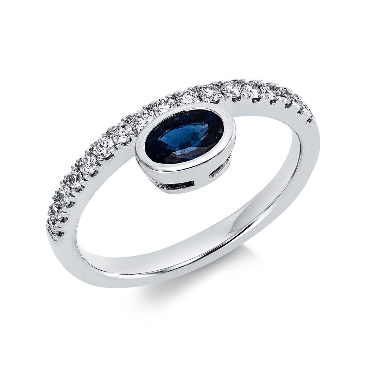 diamond full cut sapphire colored stone classic ring in white gold