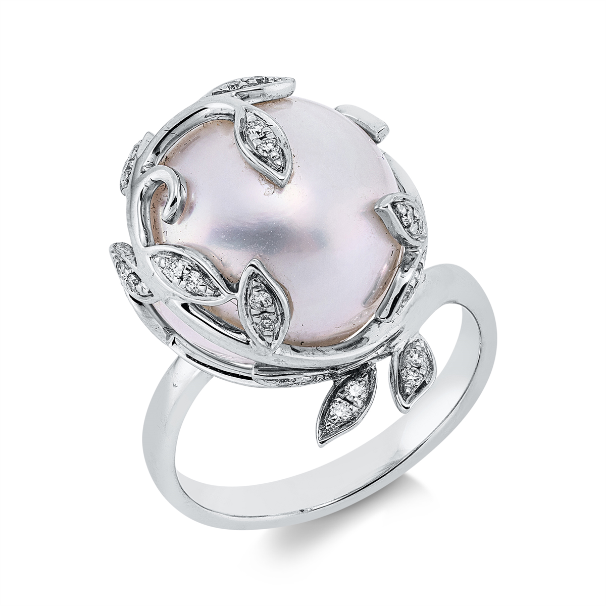 diamond full cut  pearl ring in white gold