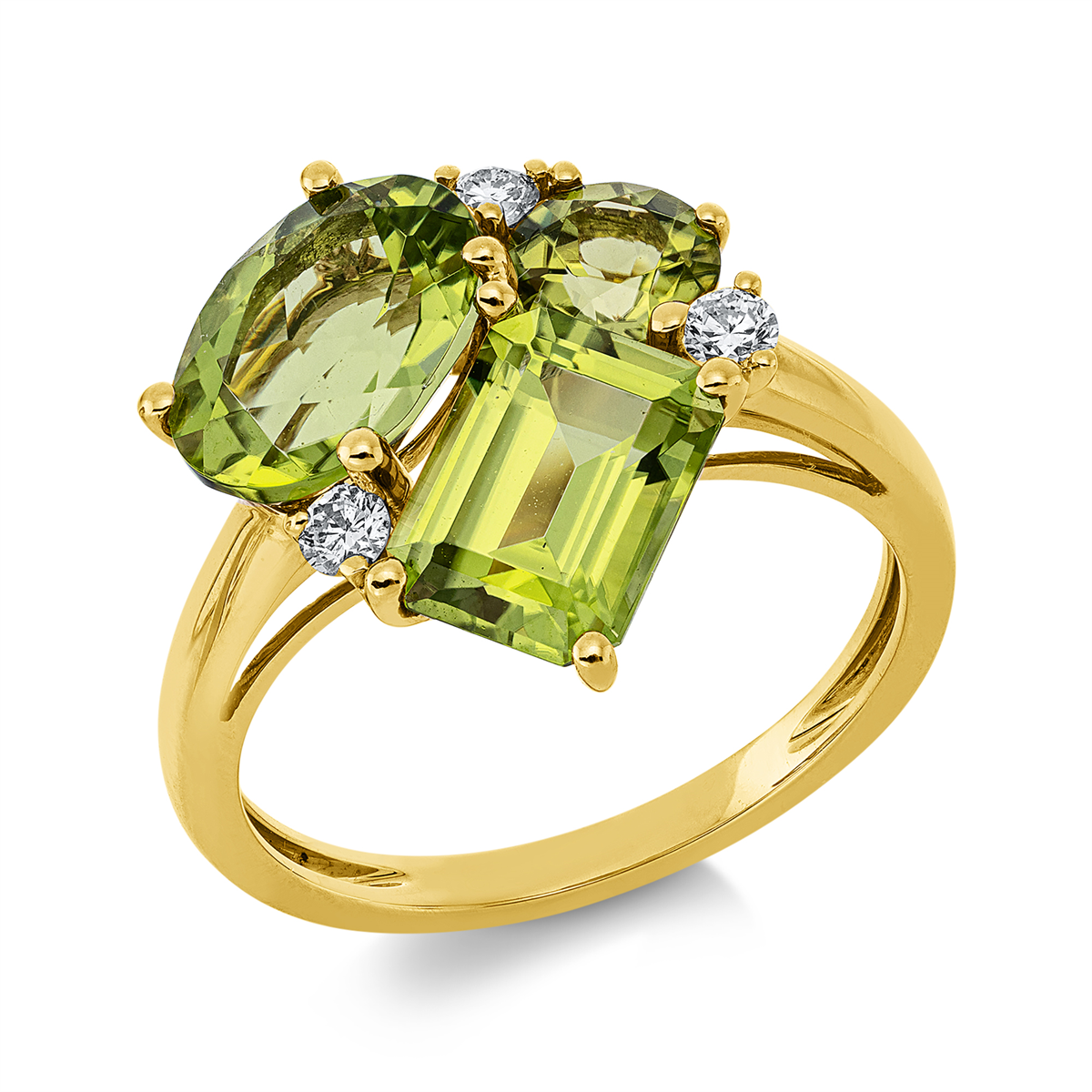 diamond full cut peridot colored stone fashion ring in yellow gold