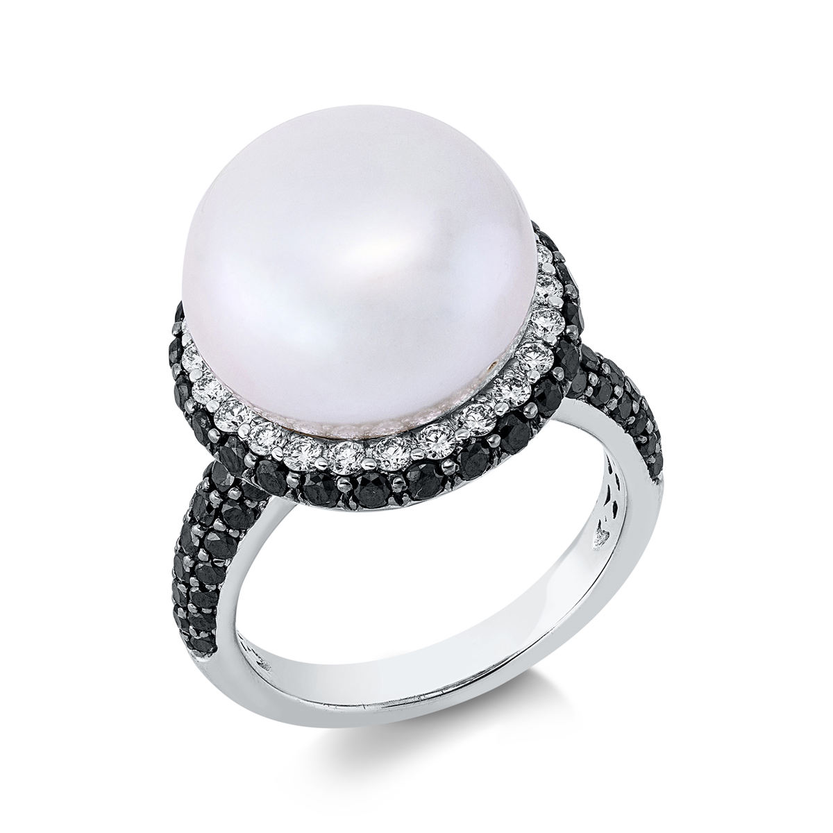 diamond full cut  pearl ring in white gold