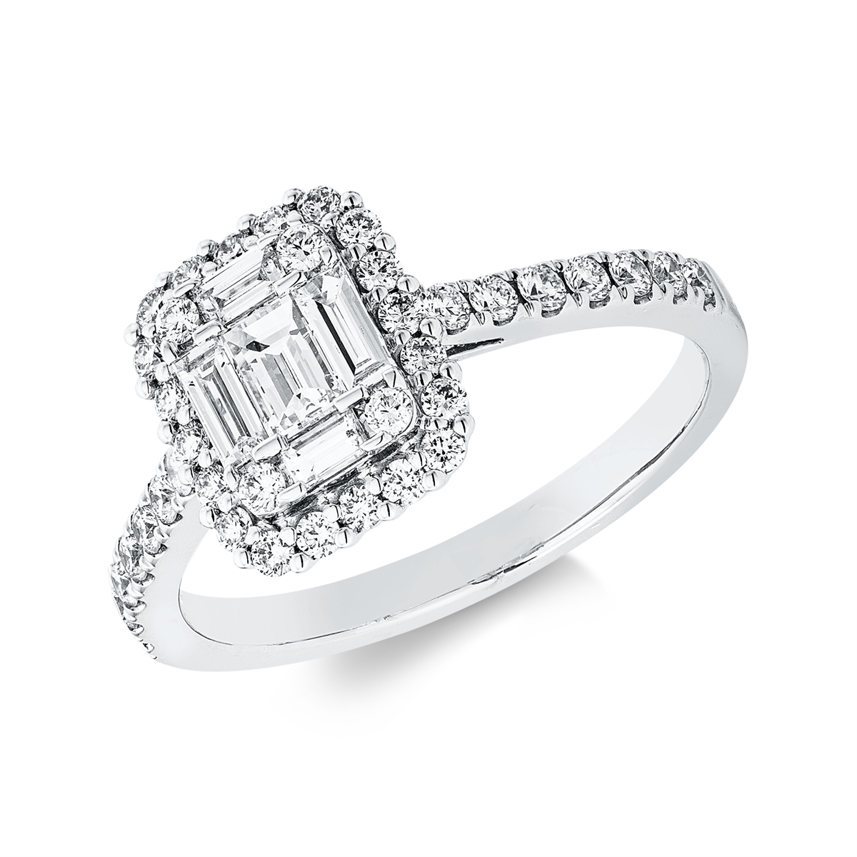 diamond full cut  baguette illusion ring in white gold