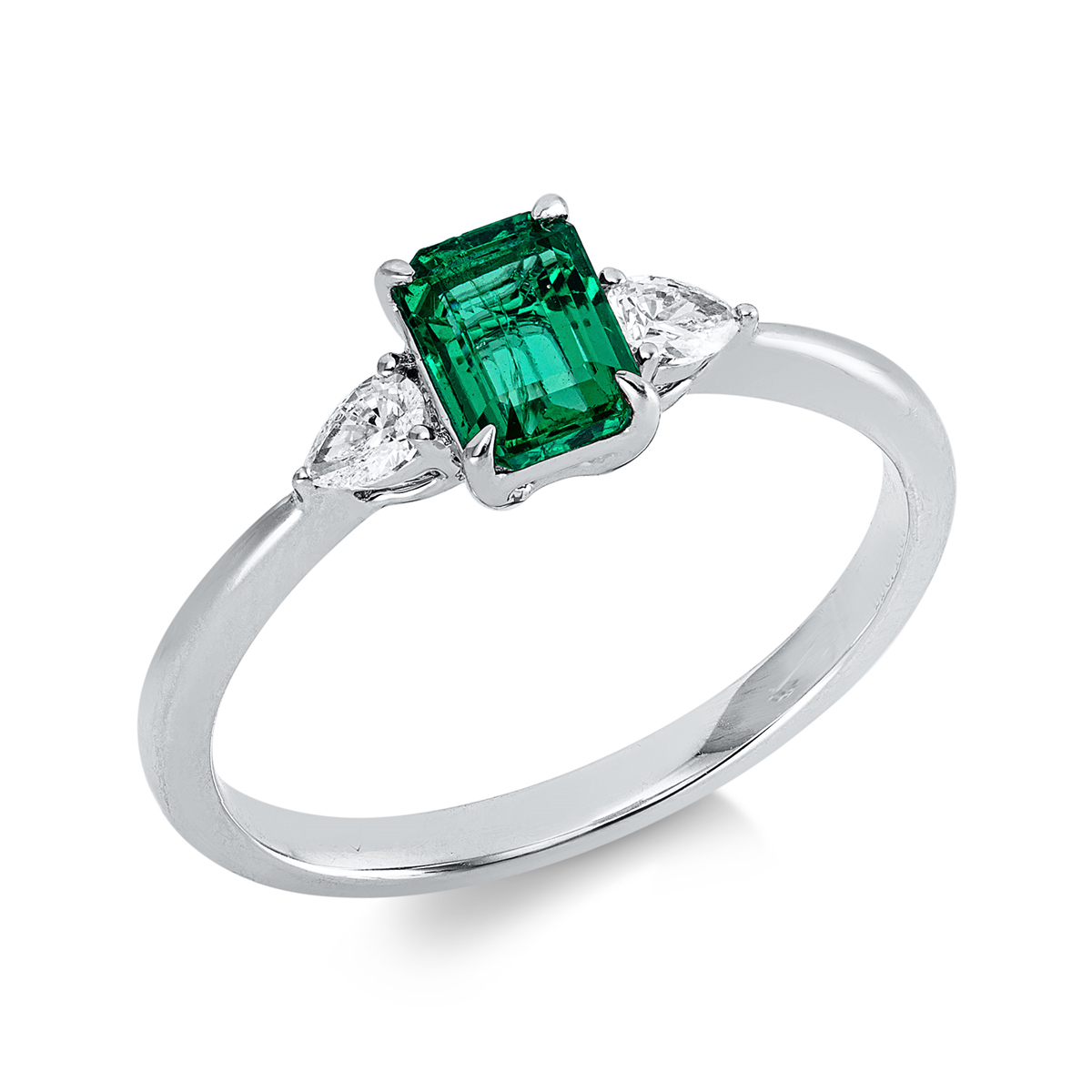 pear shape emerald colored stone classic ring in white gold