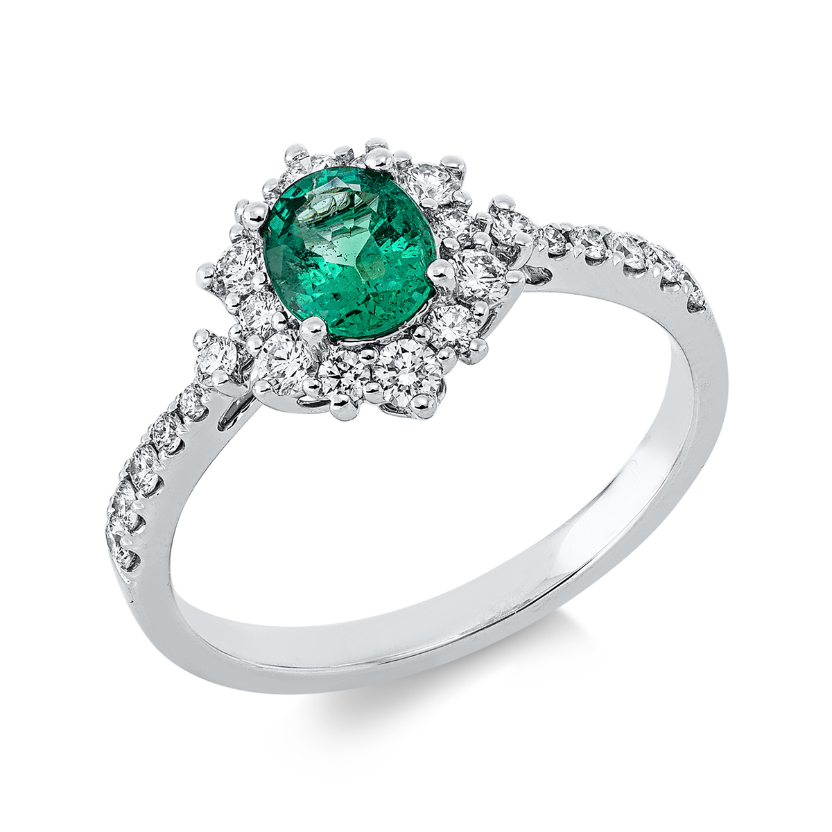 diamond full cut emerald colored stone classic ring in white gold