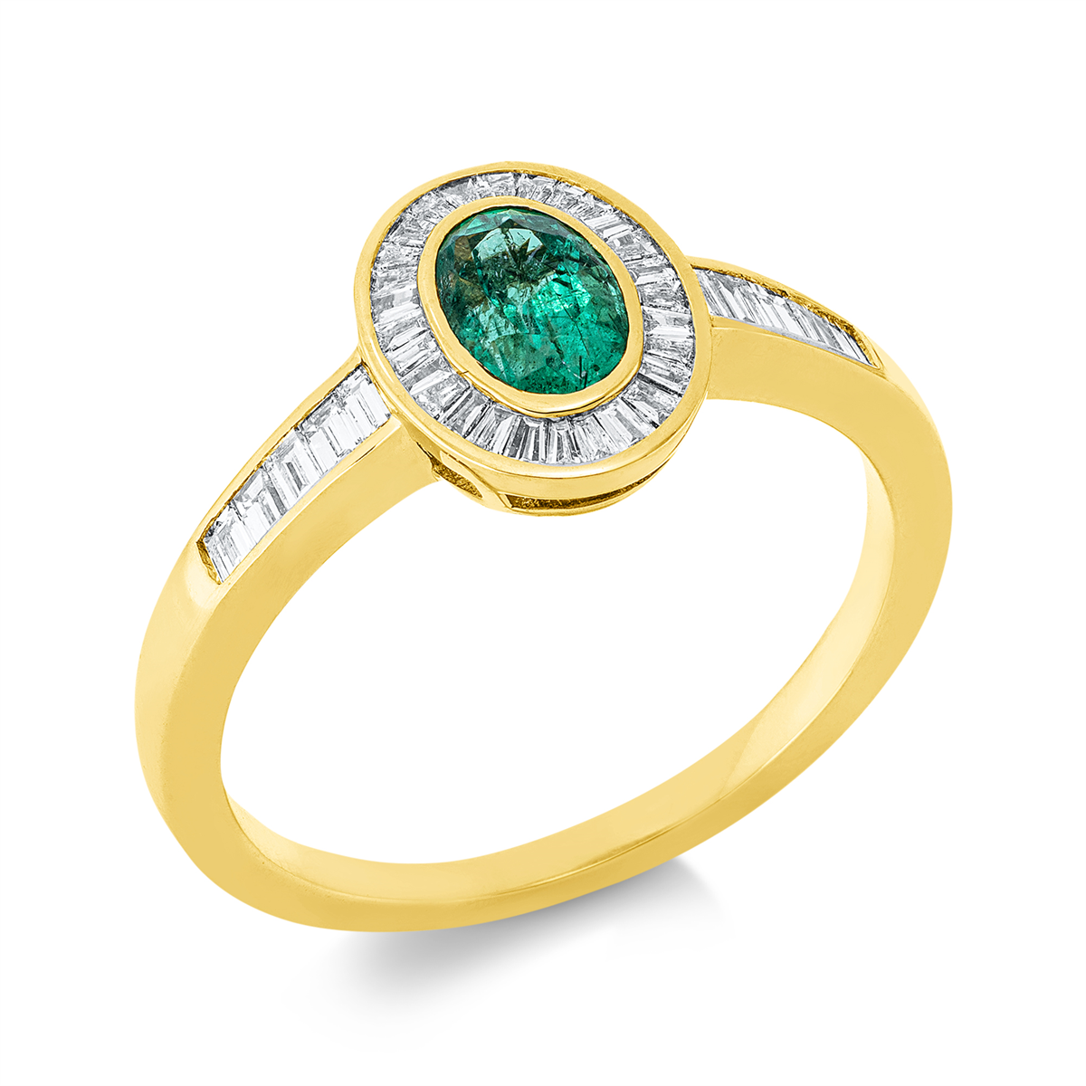 baguette emerald colored stone classic ring in yellow gold