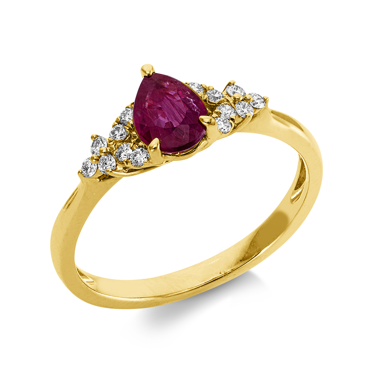 diamond full cut ruby colored stone classic ring in yellow gold