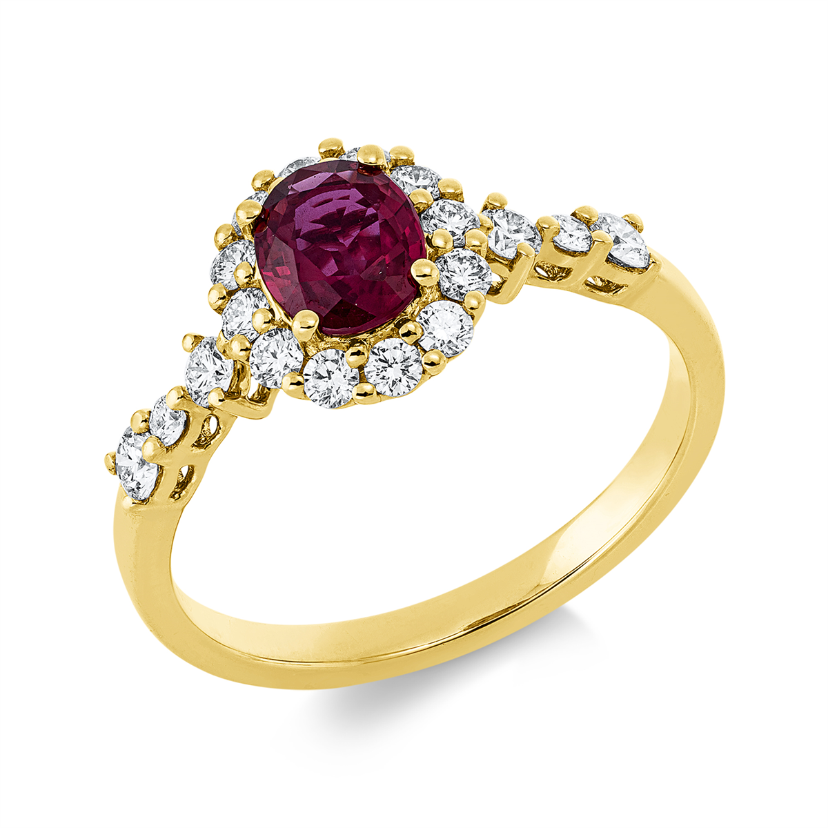 diamond full cut ruby colored stone classic ring in yellow gold