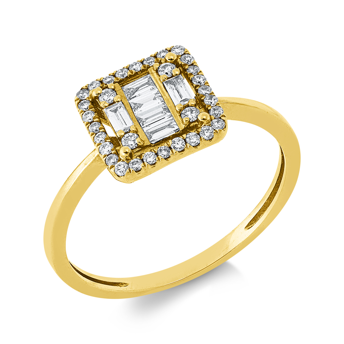 diamond full cut  baguette illusion ring in yellow gold