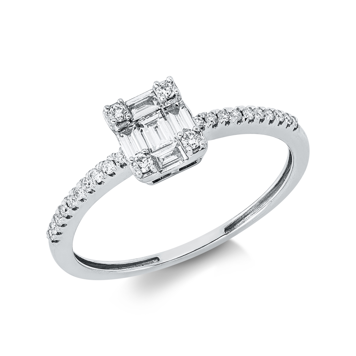 diamond full cut  baguette illusion ring in white gold