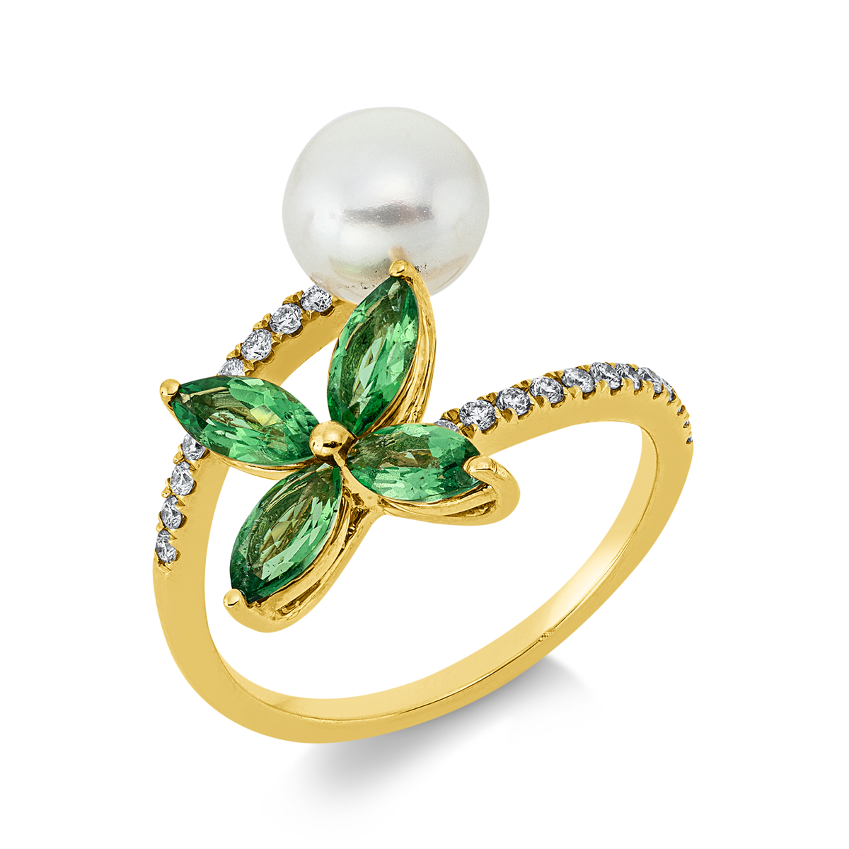 diamond full cut tsavorite pearl ring in yellow gold