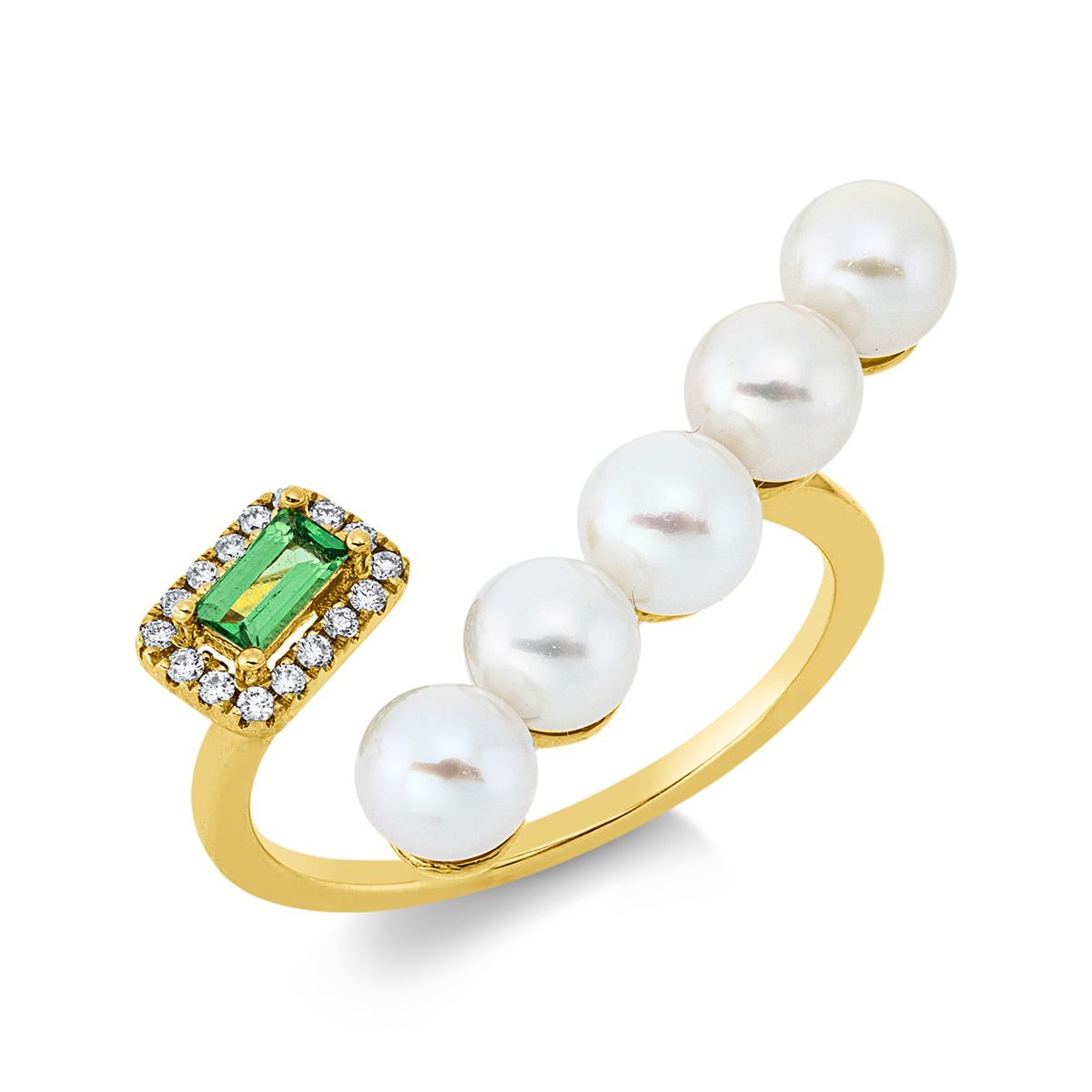diamond full cut tsavorite pearl ring in yellow gold