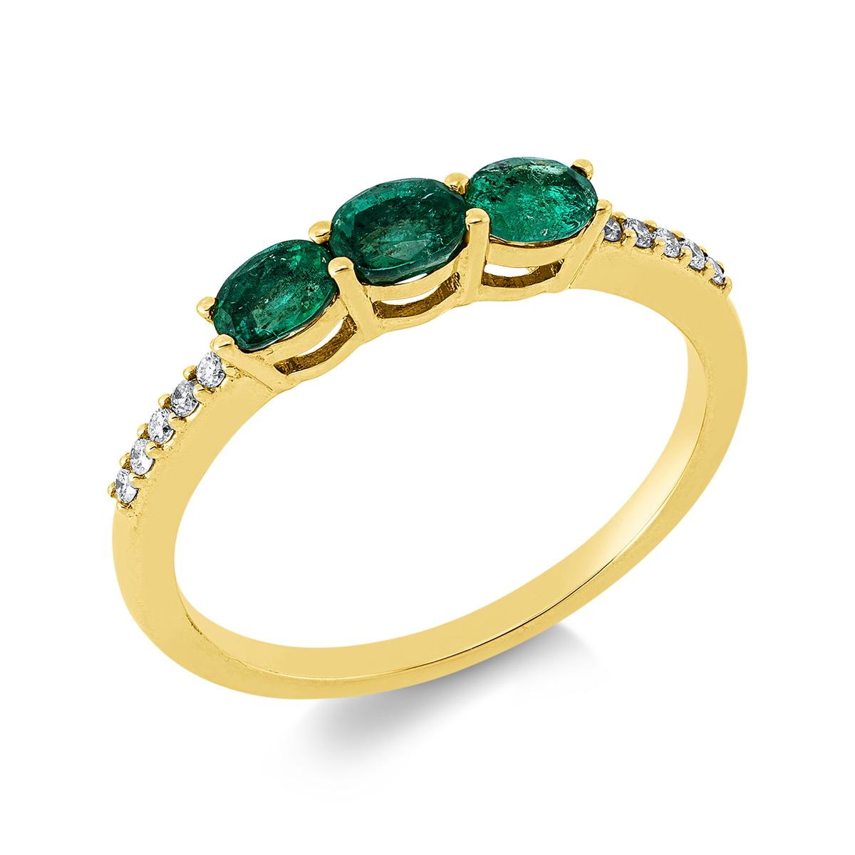 diamond full cut emerald colored stone classic ring in yellow gold