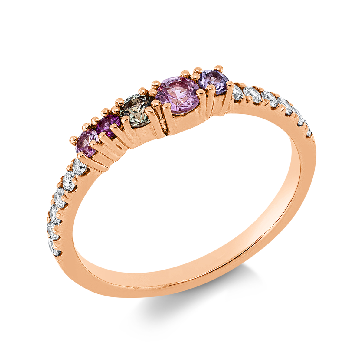 diamond full cut sapphire rainbow & multicolor ring in red gold