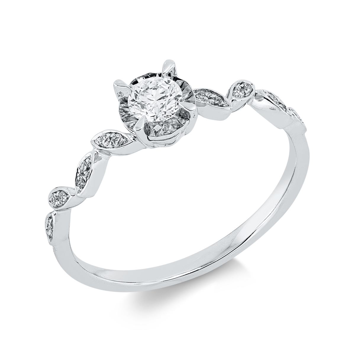 diamond full cut  solitaire with accent stones ring in white gold
