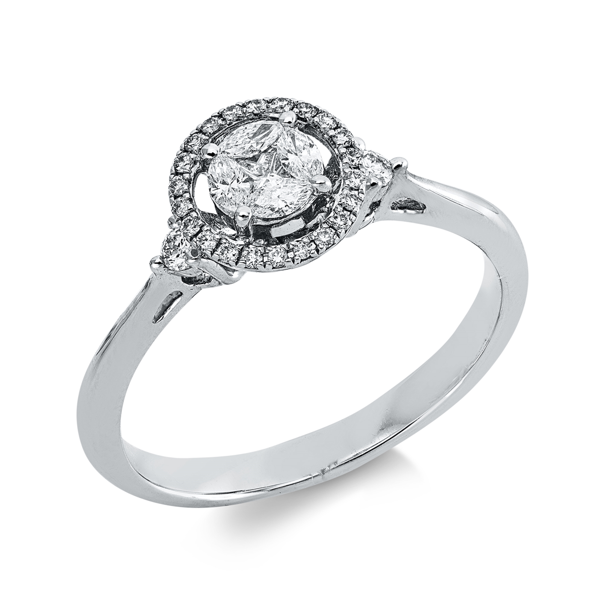 diamond full cut  baguette illusion ring in white gold
