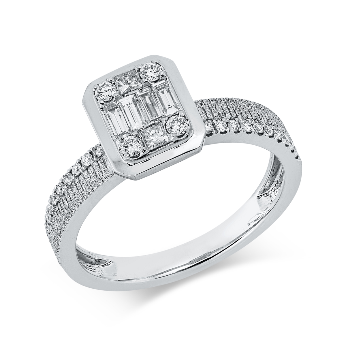 diamond full cut  baguette illusion ring in white gold