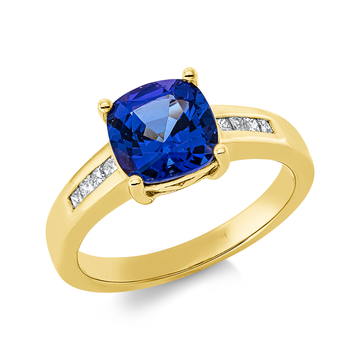 princess tanzanite colored stone classic ring in yellow gold