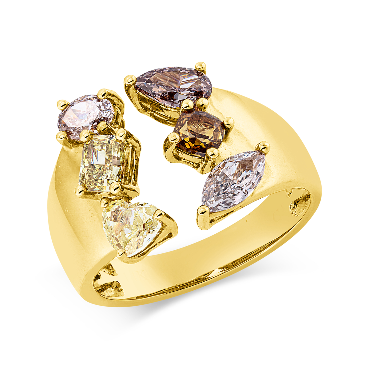 fantasy-cut  fancy colored diamond ring in yellow gold