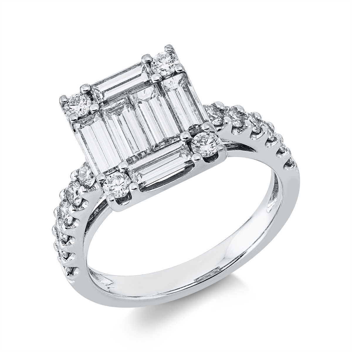 diamond full cut  baguette illusion ring in white gold
