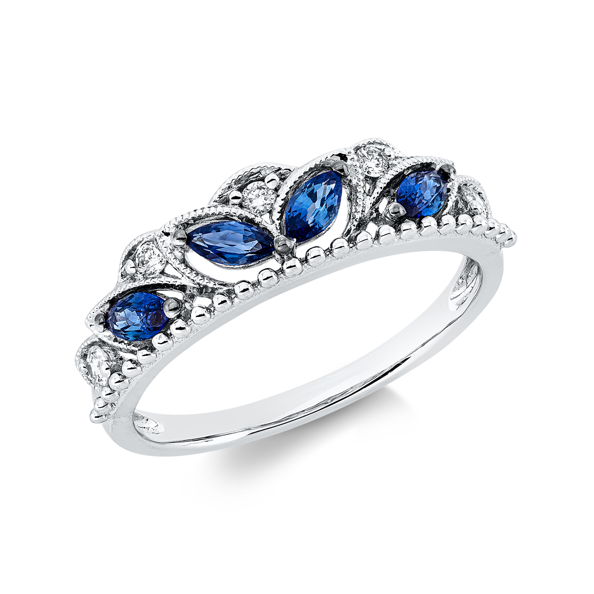 diamond full cut sapphire colored stone classic ring in white gold