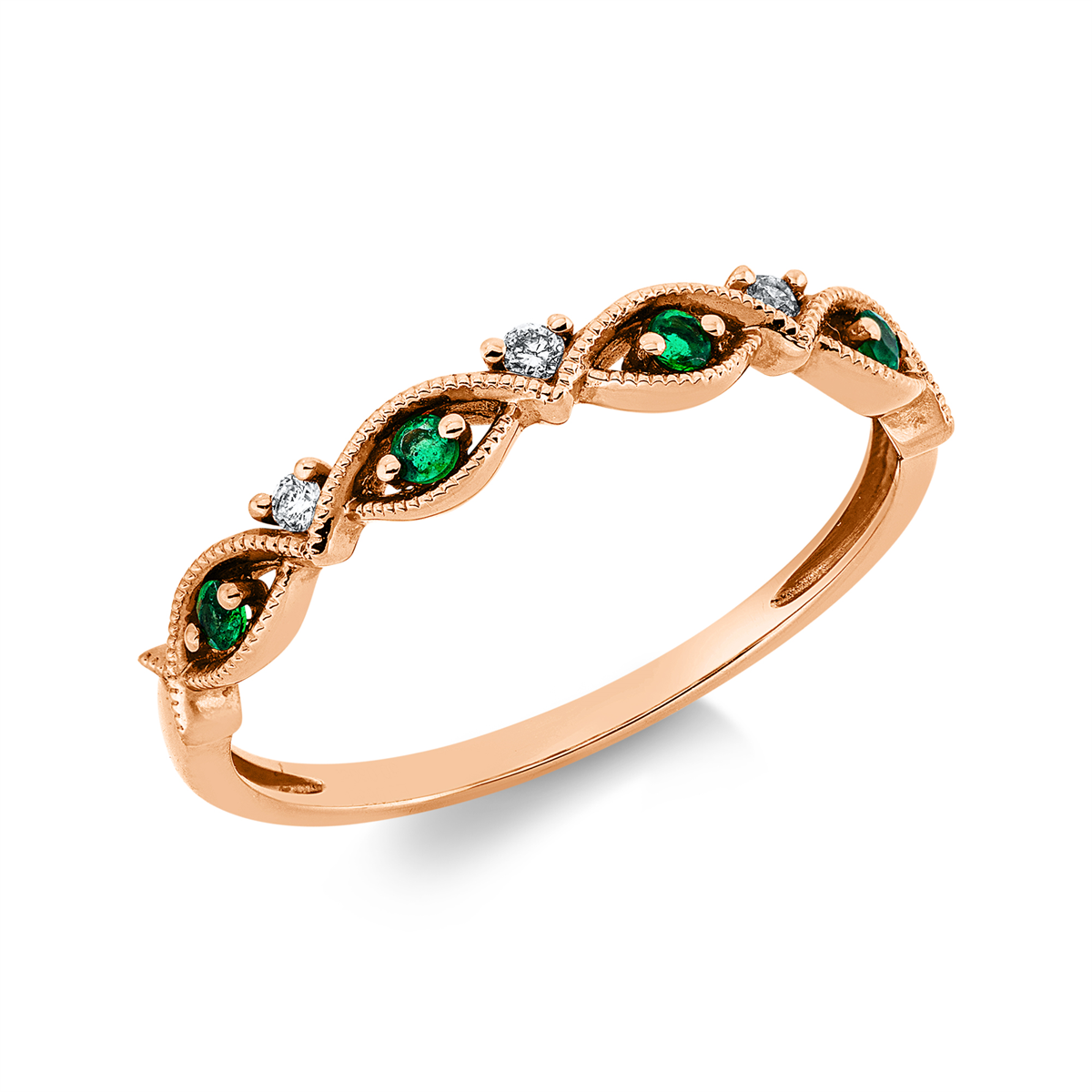 diamond full cut emerald colored stone classic ring in red gold