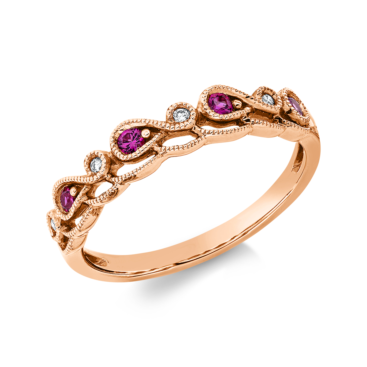 diamond full cut ruby colored stone classic ring in red gold