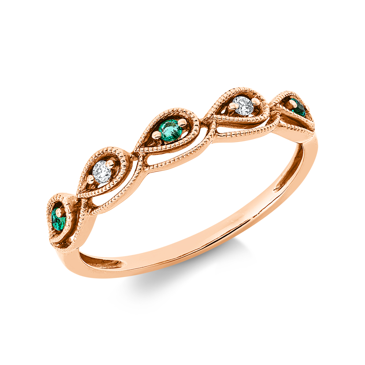 diamond full cut emerald colored stone classic ring in red gold