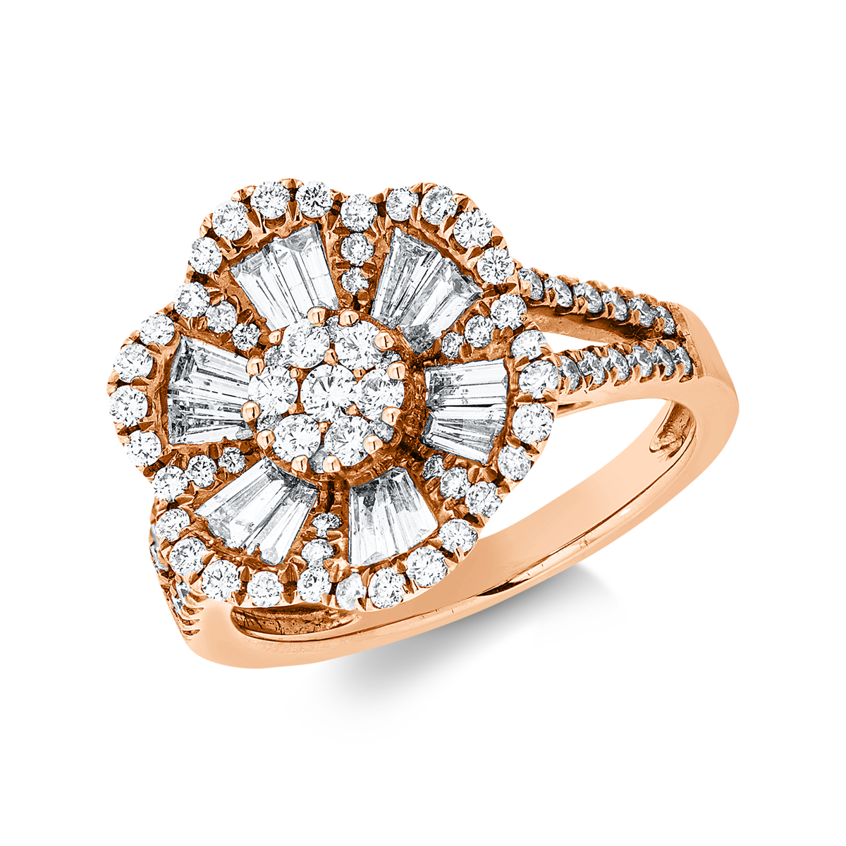 diamond full cut  baguette illusion ring in red gold