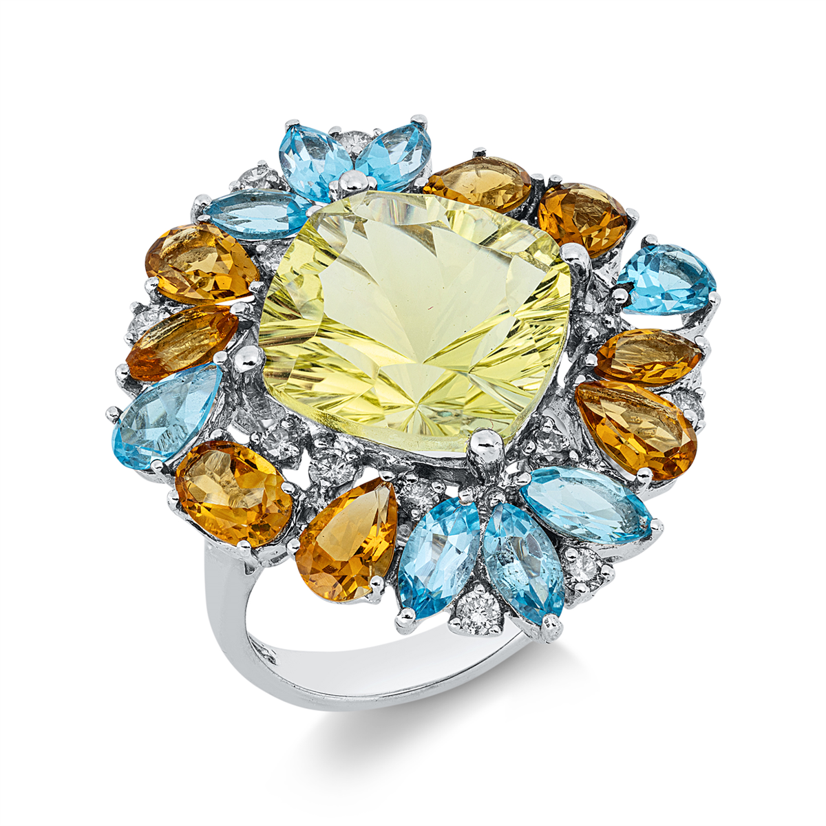 diamond full cut topaz colored stone fashion ring in white gold