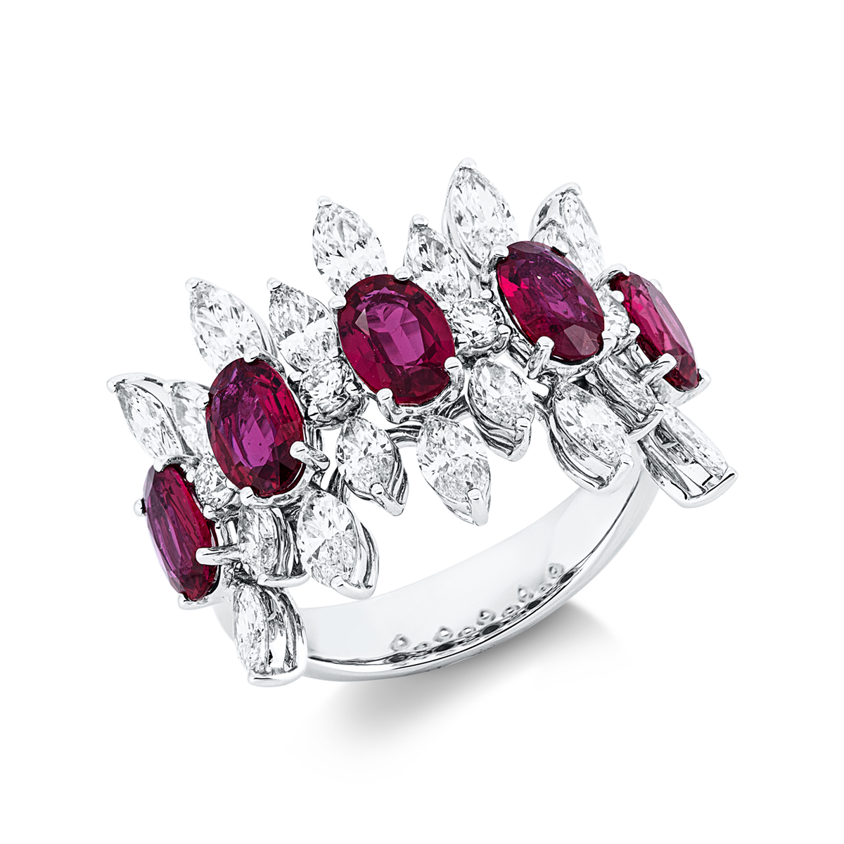 diamond full cut ruby colored stone classic ring in white gold