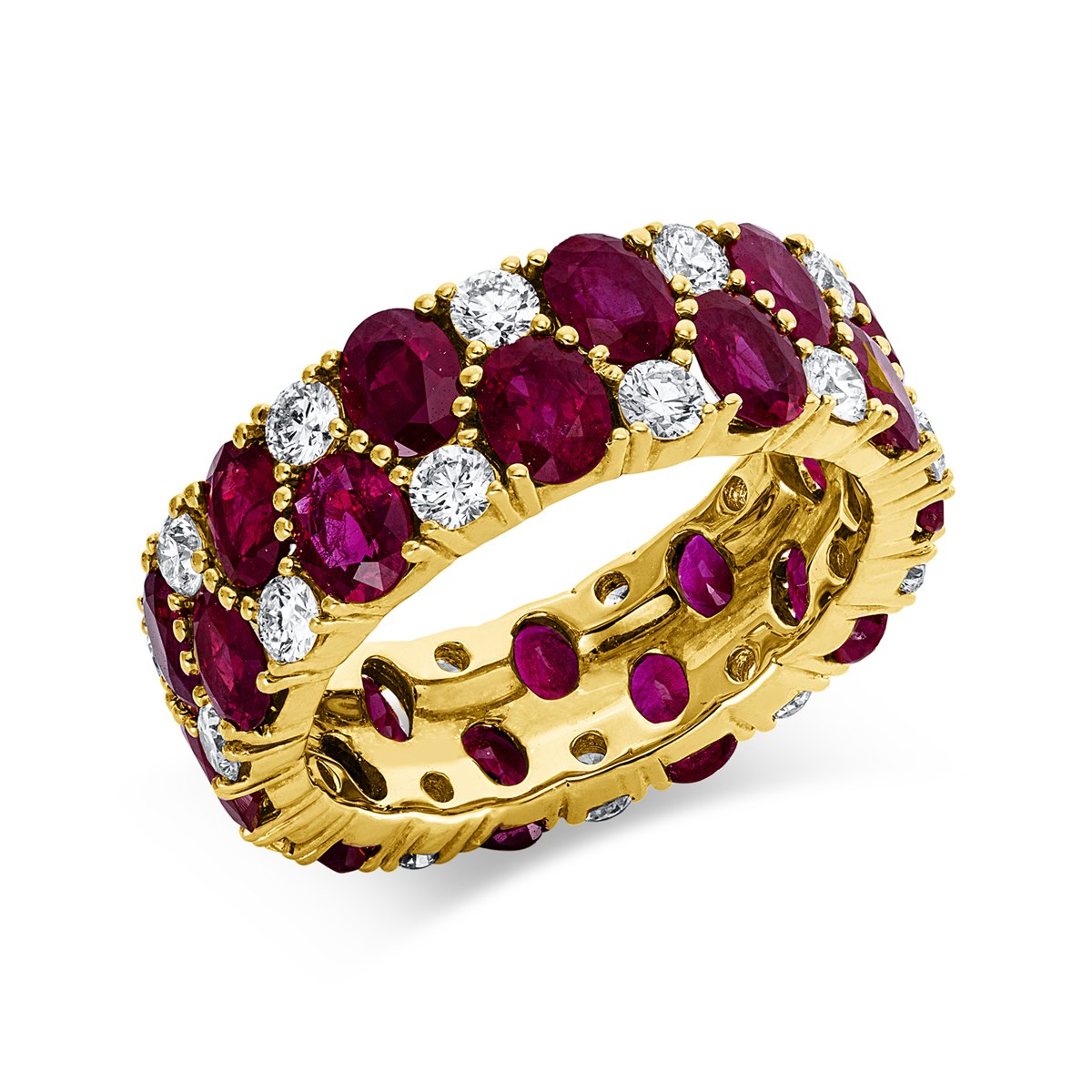 diamond full cut ruby colored stone classic ring in yellow gold