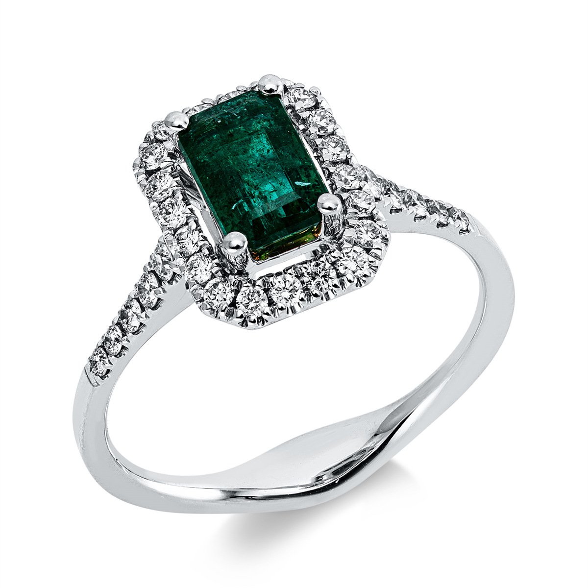 diamond full cut emerald colored stone classic ring in white gold