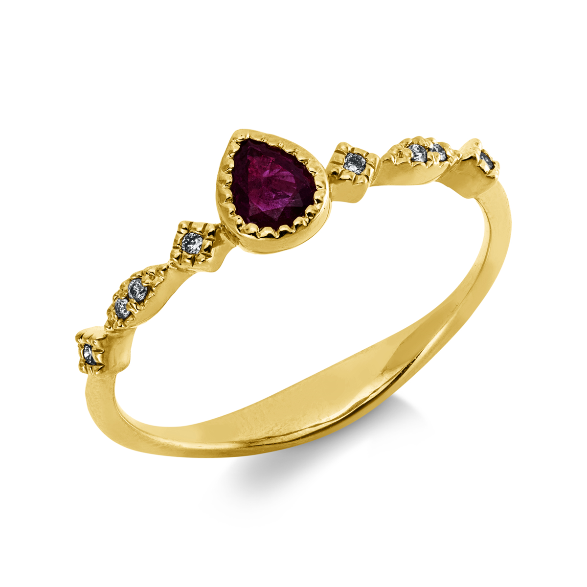 diamond single cut ruby colored stone classic ring in yellow gold