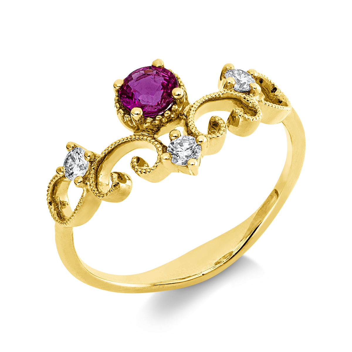 diamond full cut ruby colored stone classic ring in yellow gold
