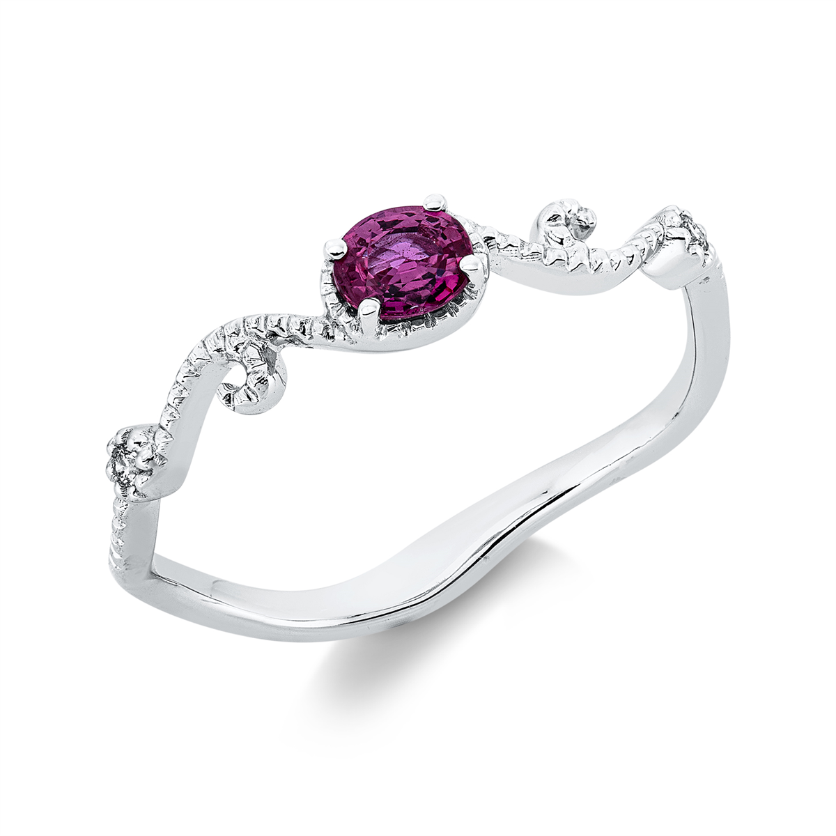 diamond full cut ruby colored stone classic ring in white gold
