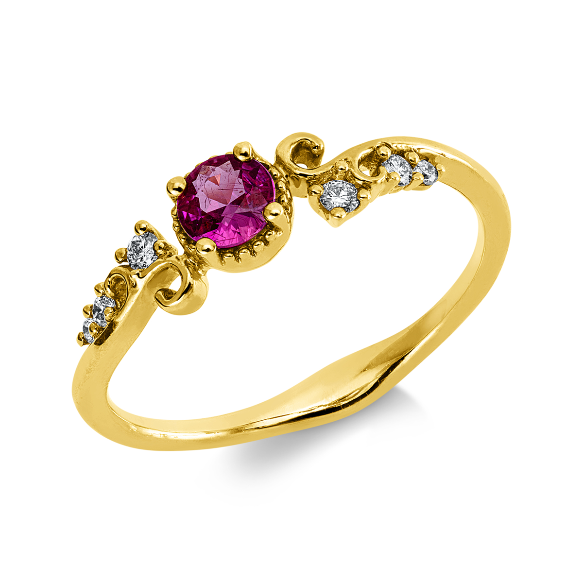 diamond full cut ruby colored stone classic ring in yellow gold